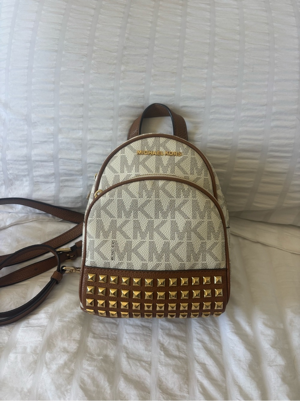 Michael Kors Beige and Brown MK Logo Mini Backpack with Gold Studs